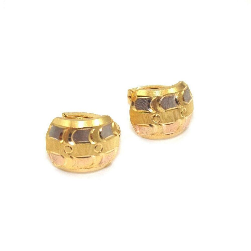 22K White Rose Yellow Gold Tri-Gold Hoop Huggie Earrings